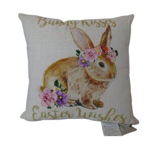 Bunny Kisses Easter Wishes Pillow with beaded accents 16x16" Bunny Floral